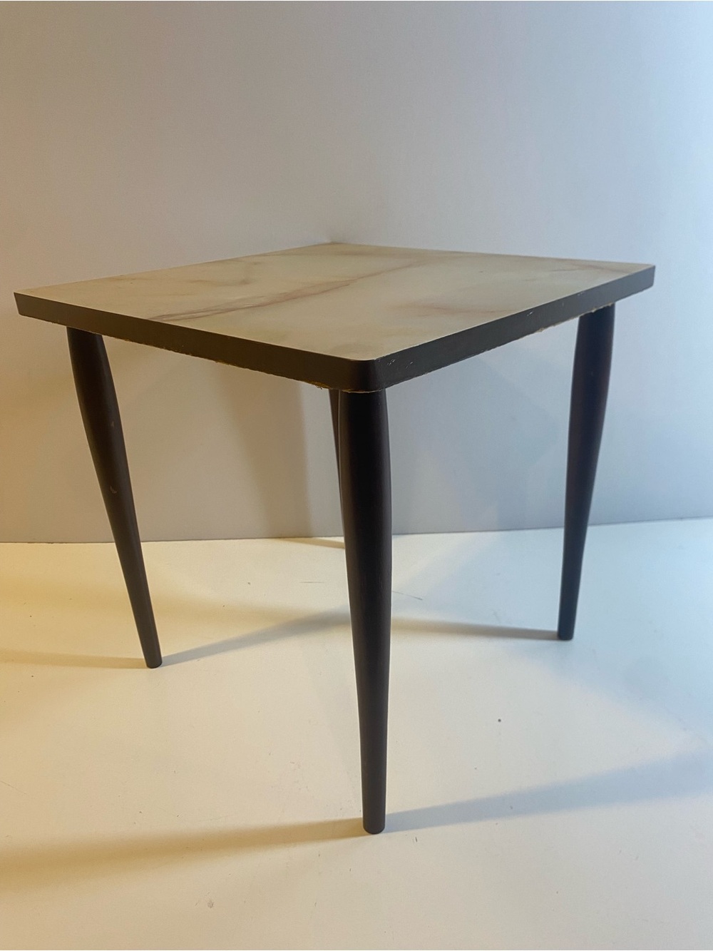 Vintage MCM Faux Marble Formica Side Table With Dark Tapered Legs